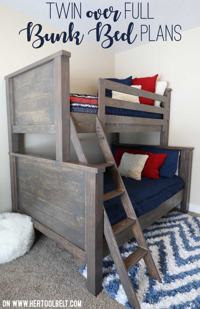 Save space in your kid's bedroom. Free plans to build a farmhouse style twin over full bunk bed.