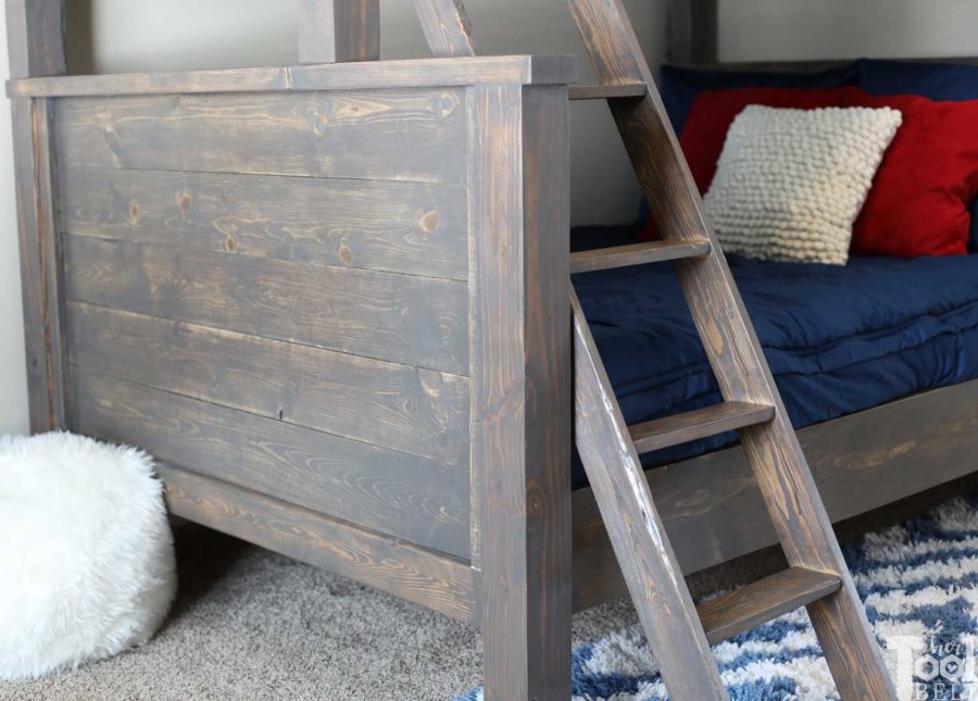 Save space in your kid's bedroom. Free plans to build a farmhouse style twin over full bunk bed. foot board