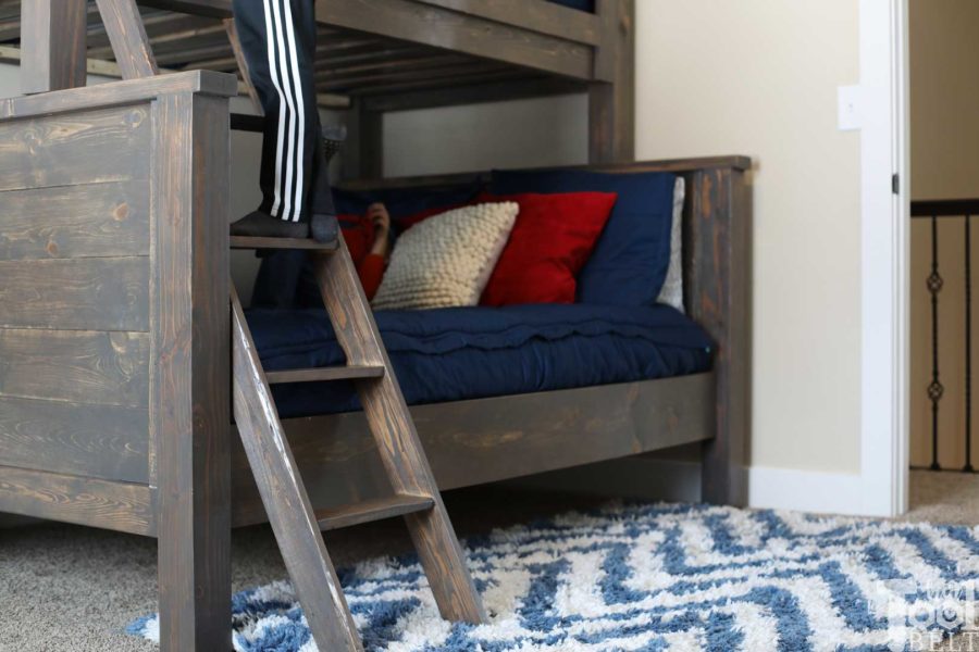 Save space in your kid's bedroom. Free plans to build a farmhouse style twin over full bunk bed. ladder angle