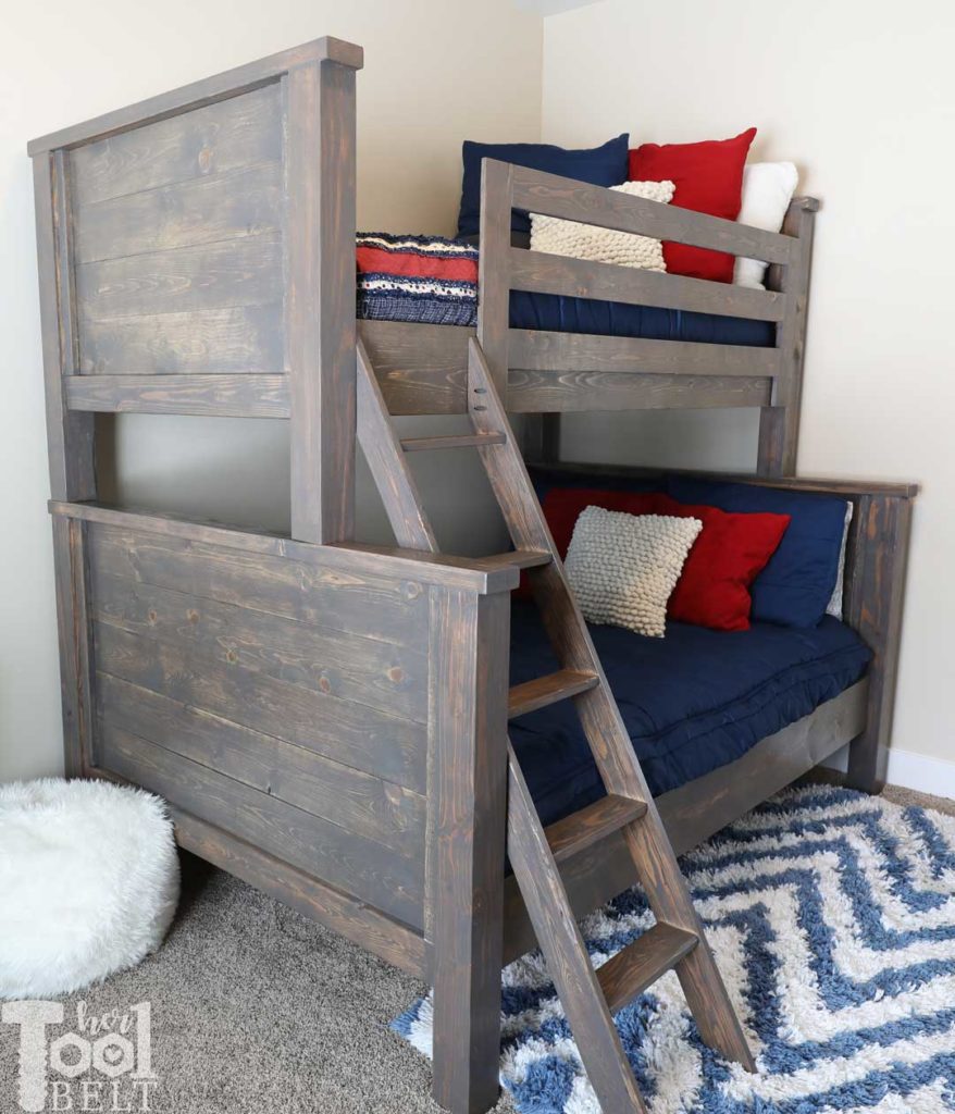 Save space in your kid's bedroom. Free plans to build a farmhouse style twin over full bunk bed. Red and Navy boys bedroom