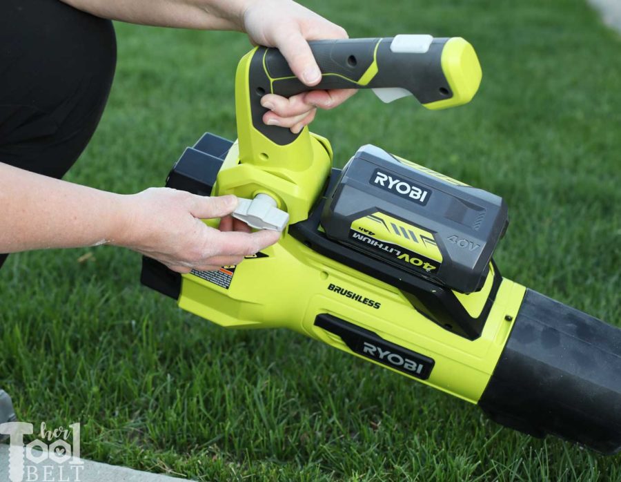 Adjust handle for a comfortable angle. Tool Review of Ryobi's 40V battery powered jet fan blower. 