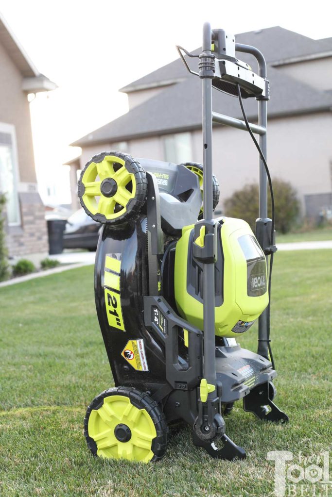 Store the Ryobi battery lawn mower up right for compact storage.