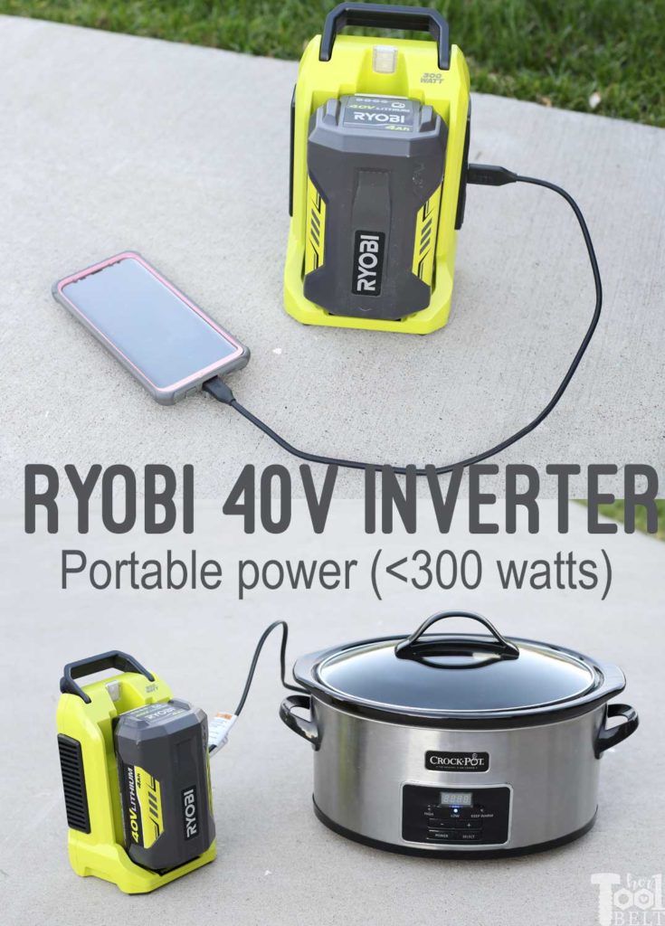 Power on the go from your yard equipment batteries. Ryobi 40V battery converts to 120V, up to 300 watts.