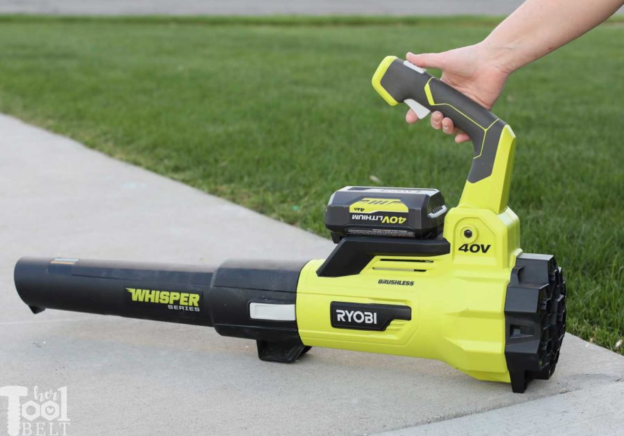 Press trigger. Tool Review of Ryobi's 40V battery powered jet fan blower. 