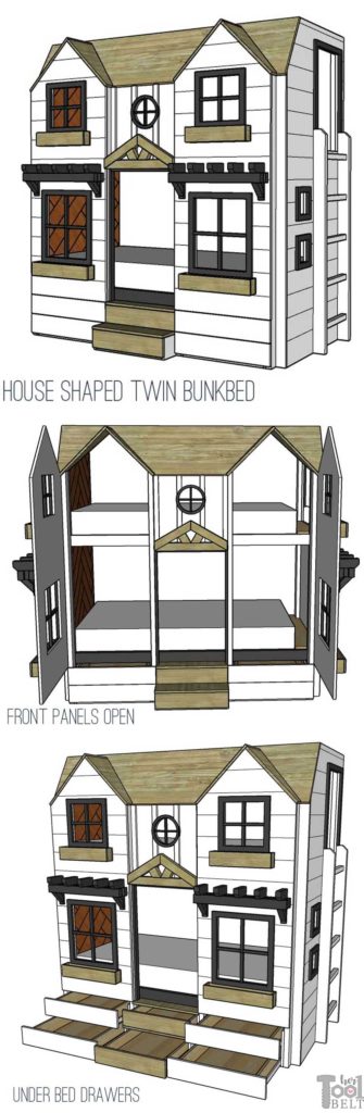 Build a super fun twin bunk bed that looks like a tiny house. Add tons of storage with under the bed drawers. Front panels open for easy access to change bedding. Free plans on hertoolbelt.com