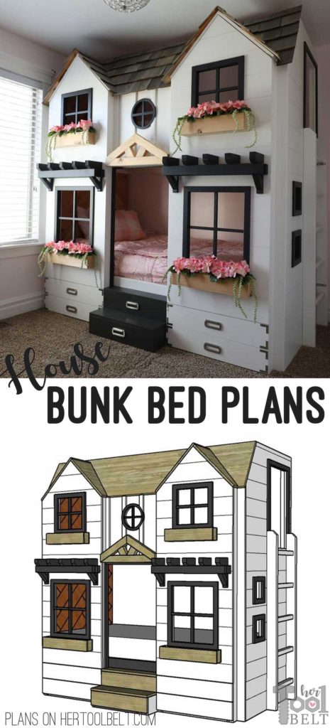 Build a super fun twin bunk bed that looks like a tiny house. Free plans on hertoolbelt.com
