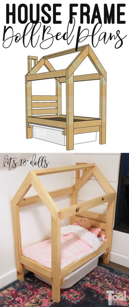 Super cute doll bed that is shaped like a house frame. The house frame doll bed is a great way to use up scrap wood and will fit 18" dolls and more. Add storage under the bed with a cheap IKEA bin. 