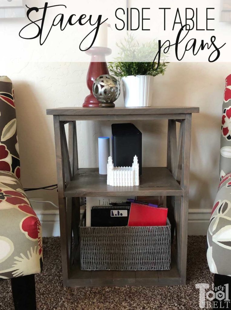 Free plans to build the Stacey side table. Perfect little accent table with X detail. She uses the table to hold her Xfinity router (Comcast).