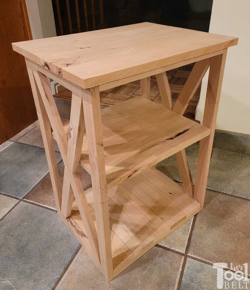 Free plans to build the Stacey side table. Perfect little accent table with X detail. Made out of knotty alder.