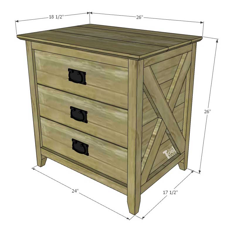 Perfect little Farmhouse Nightstands with 3 drawers and cute X detail. Free plans on hertoolbelt.com