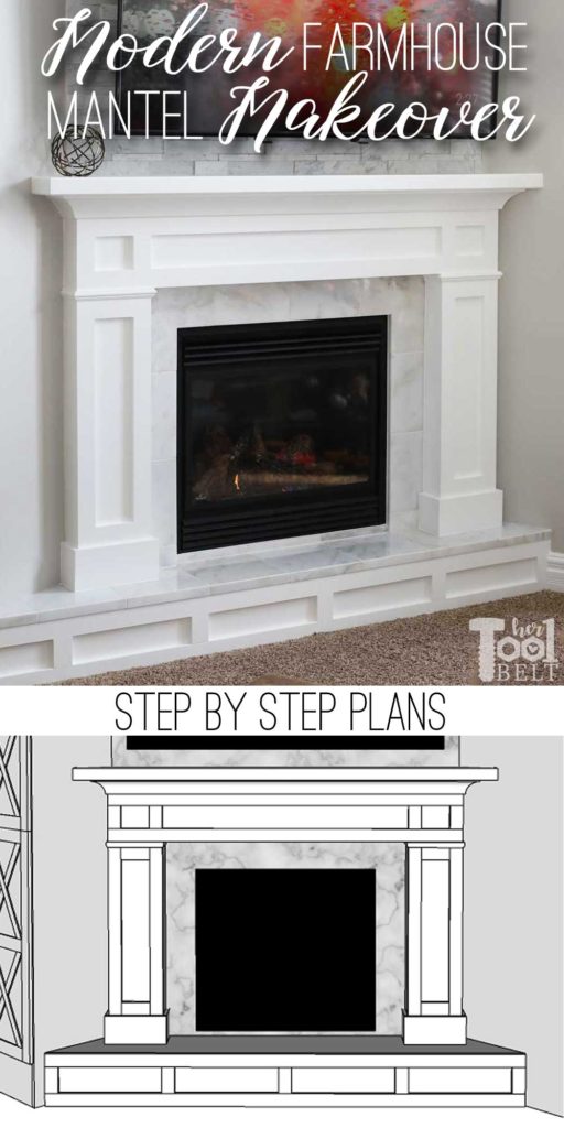 Updating an old builder grade fireplace, into a Modern Farmhouse Mantel. This white fireplace is set in the corner of the room, but the plans will work for corner or straight walls.