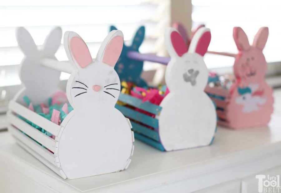 Build cute wood Easter Bunny Baskets for your kids or grandkids. Personalize their basket for them or let them decorate their own basket. #bunny