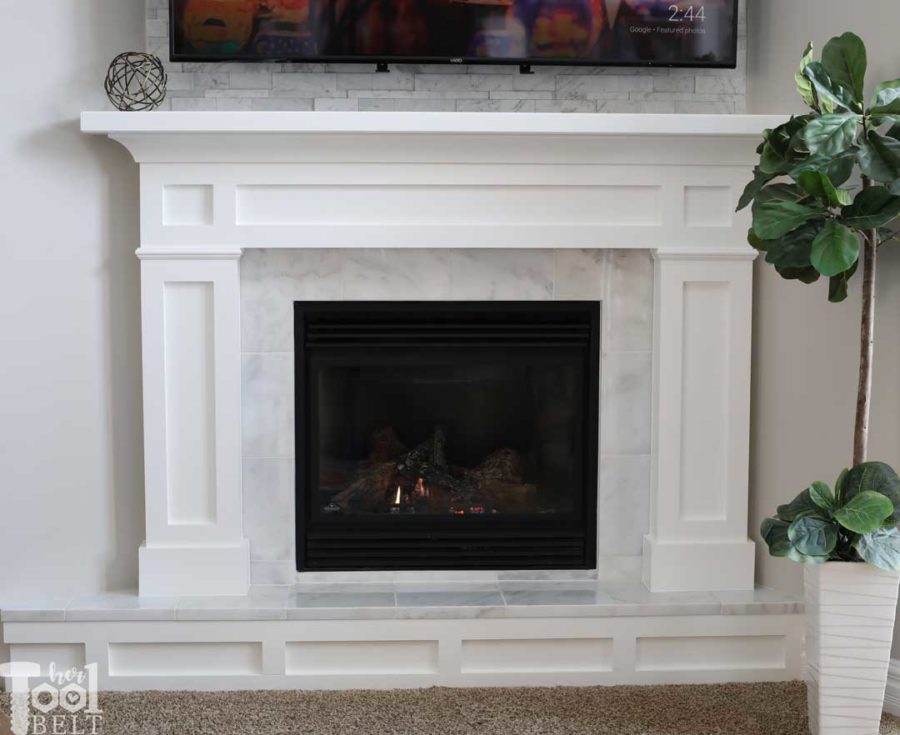 Updating an old builder grade fireplace, into a Modern Farmhouse Mantel. This white fireplace is set in the corner of the room, but the plans will work for corner or straight walls.