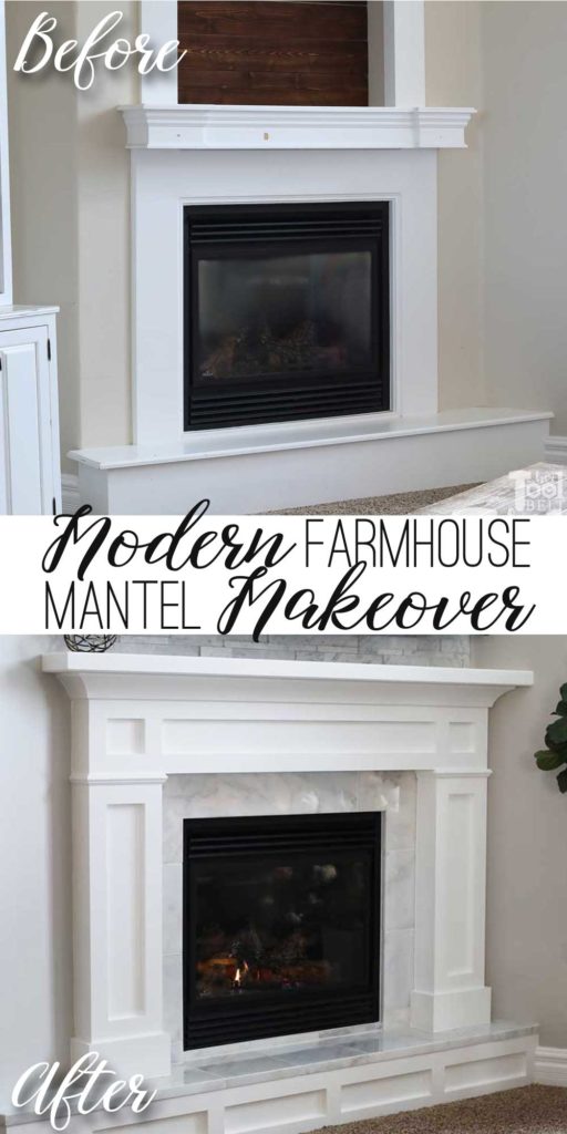 Updating an old builder grade fireplace, into a Modern Farmhouse Mantel. This white fireplace is set in the corner of the room, but the plans will work for corner or straight walls.
