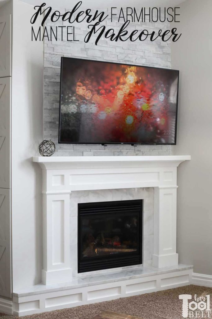 Updating an old builder grade fireplace, into a Modern Farmhouse Mantel. This white fireplace is set in the corner of the room, but the plans will work for corner or straight walls.