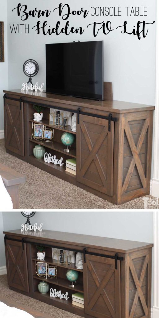 Build a sliding barn door console table with a secret...a hidden TV lift.