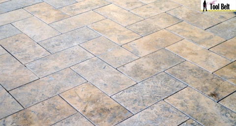 Silver Travertine Tile Herringbone Floor Tutorial Her Tool Belt Silver Travertine Tile Herringbone