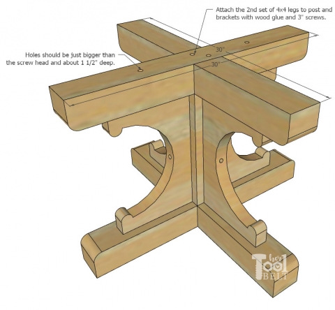 pedestal table base with half-lap joints and 4x4 braces cross-section diagram